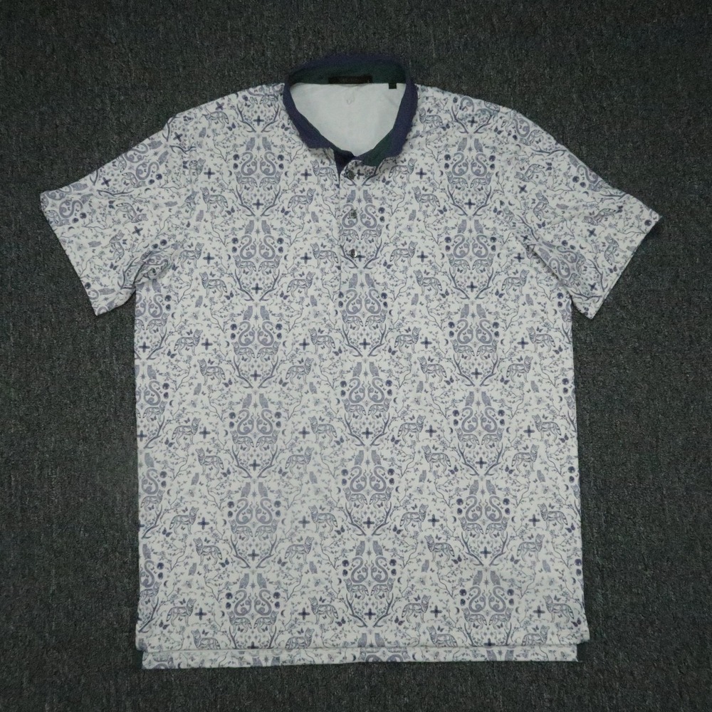 Greyson Shirt Mens Large White Purple Wolf Print Polo Short Sleeve Toile